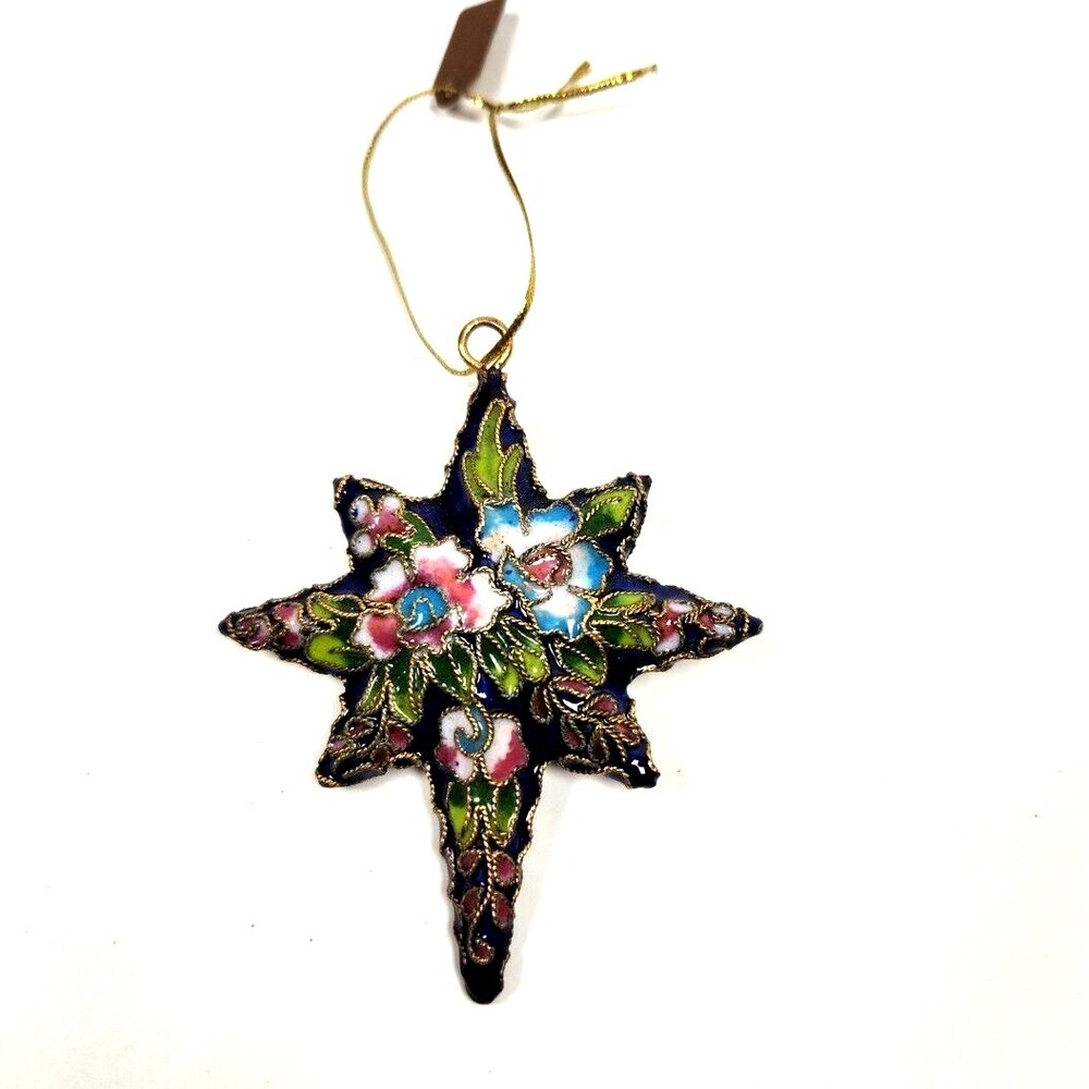 Vintage Discovery Store Cloisonne Star Ornament Enamel Floral Blue Gold Tone